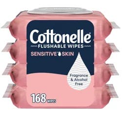 Cottonelle Fragrance Free Flushable Wet Wipes, Adult Wet Wipes, 4 Flip-Top Packs, 42 Wipes Per Pack