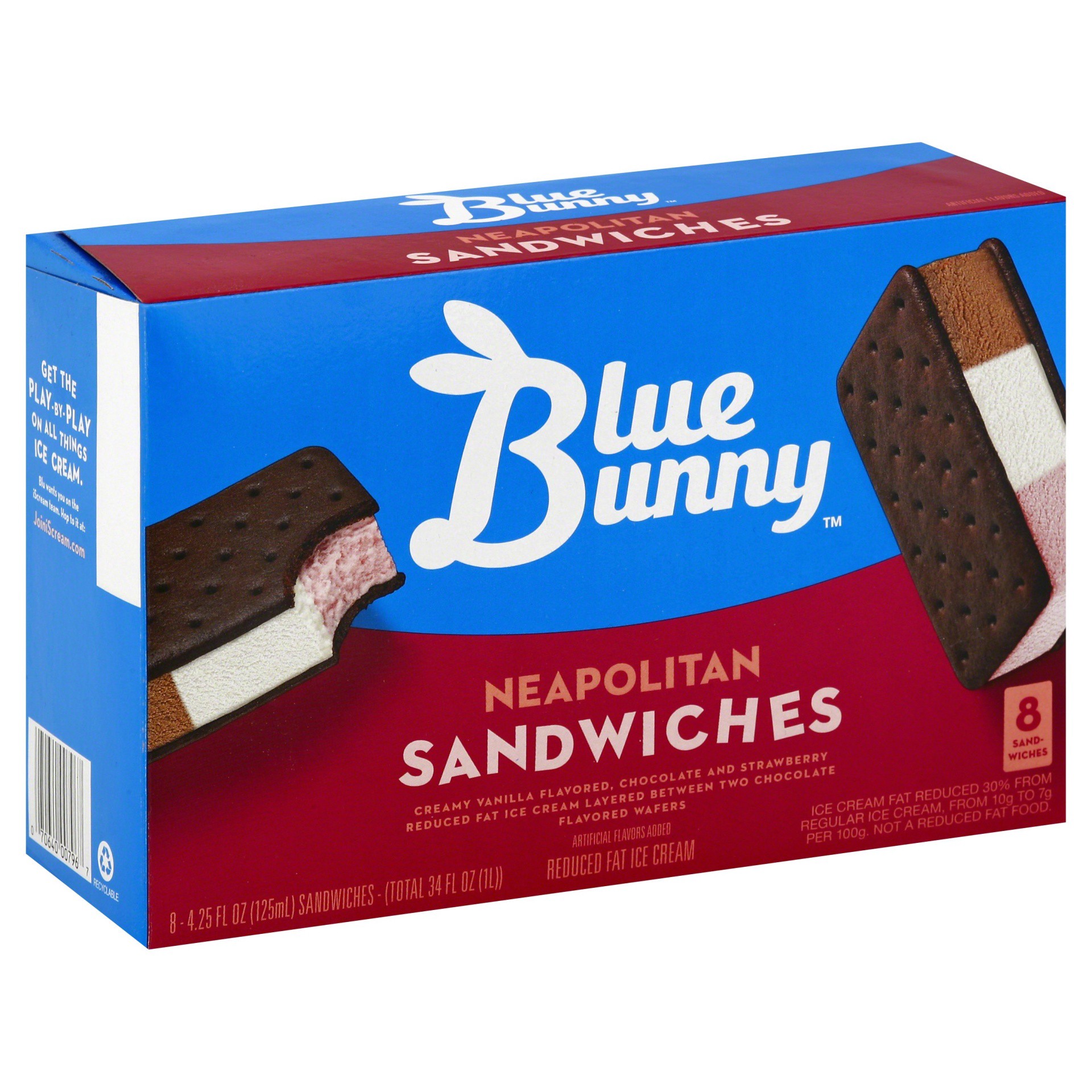 slide 1 of 8, Blue Bunny Neopolitan Prem Trio Sanwich, 34 fl oz