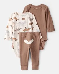 Carter's Baby Boy 3-Piece Fox Print Long-Sleeve Bodysuits & Pant Set - White/Brown NB