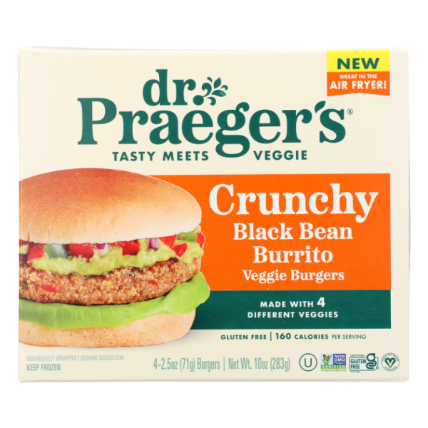 slide 1 of 1, Dr. Praeger's Crunchy Black Bean Burrito Veggie Burger *NEW, 10 oz
