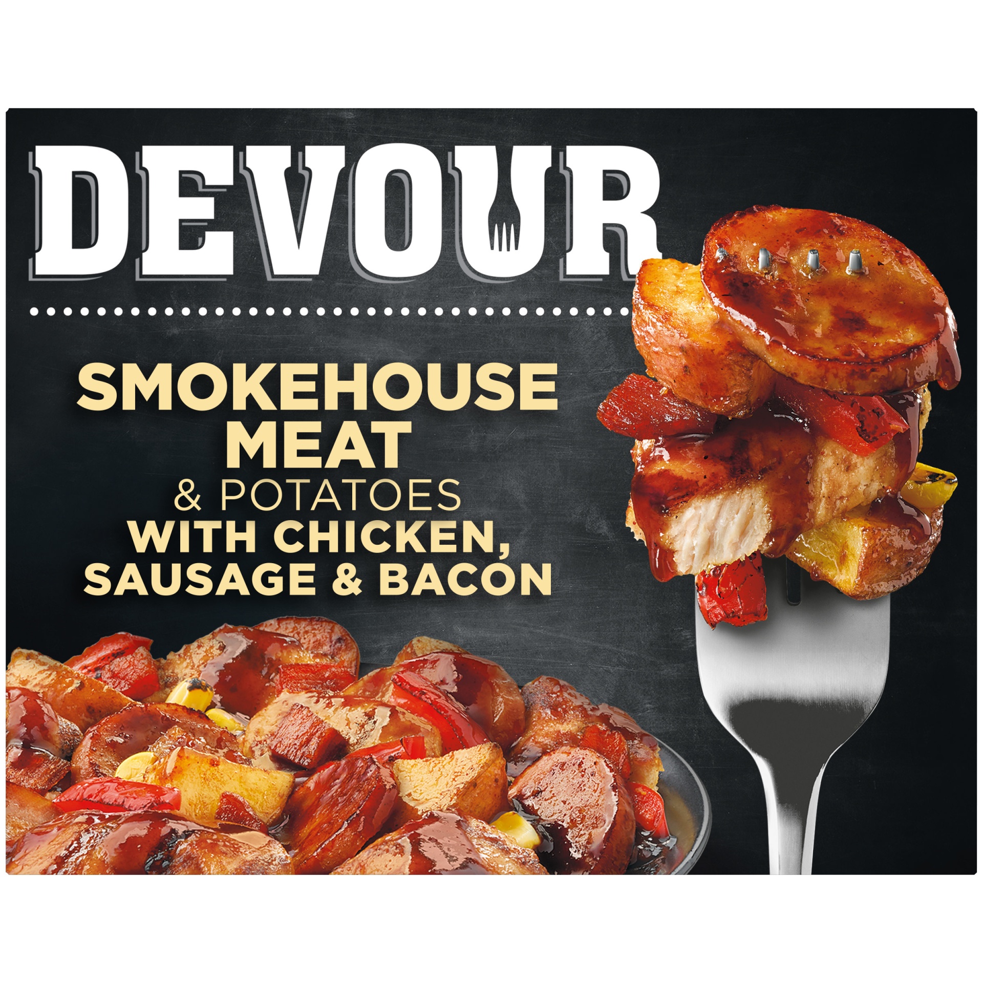 slide 1 of 1, DEVOUR Smokehouse Meat & Potatoes with Chicken, Sausage & Bacon in Memphis Style BBQ Sauce Frozen Meal, 9.8 oz
