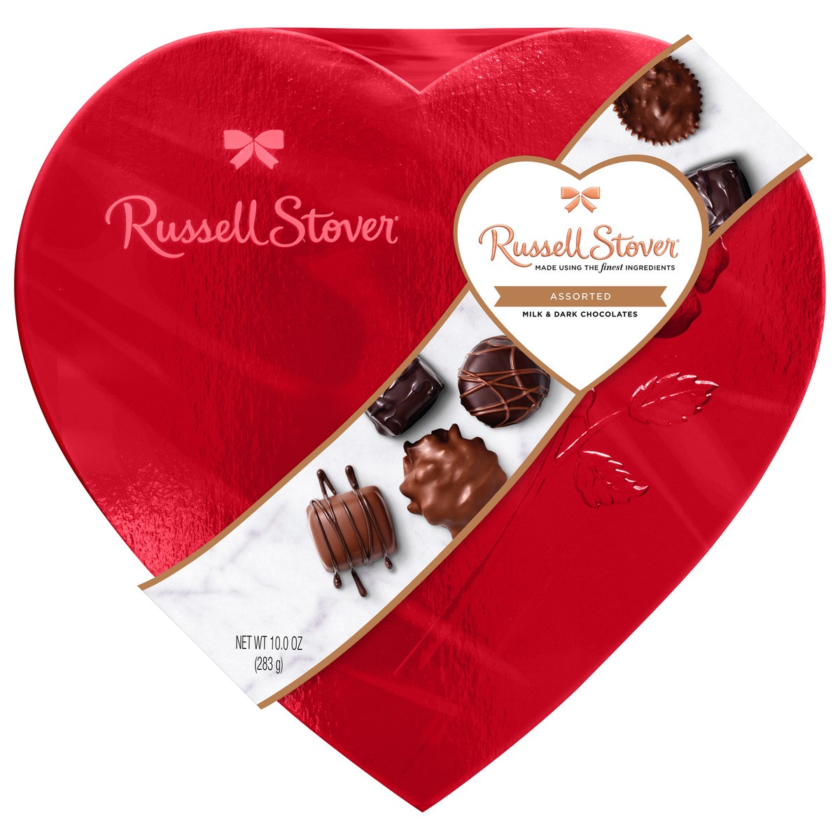 slide 1 of 8, Russell Stover Valentine's Day Red Foil Heart Assorted Milk & Dark Chocolate Gift Box, 10 oz. (˜ 17 pieces), 10 oz