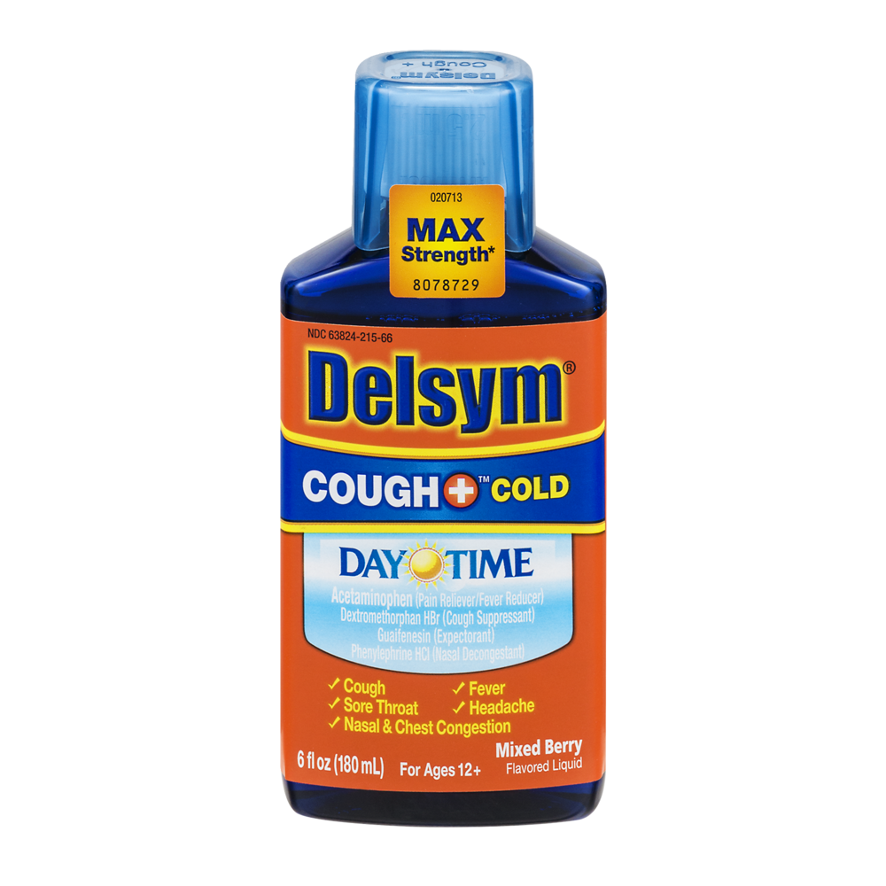 slide 1 of 1, Delsym Cough+ Cold Day Time Cough Suppressant and Pain Reliever Mixed Berry Flavored, 6 fl oz