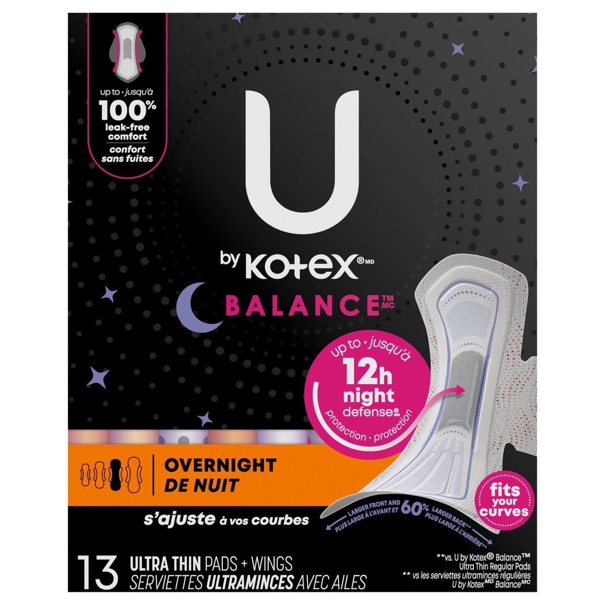 slide 1 of 9, U by Kotex Balance Ultra Thin Overnight Pads with Wings, 13 Count, 13 ct