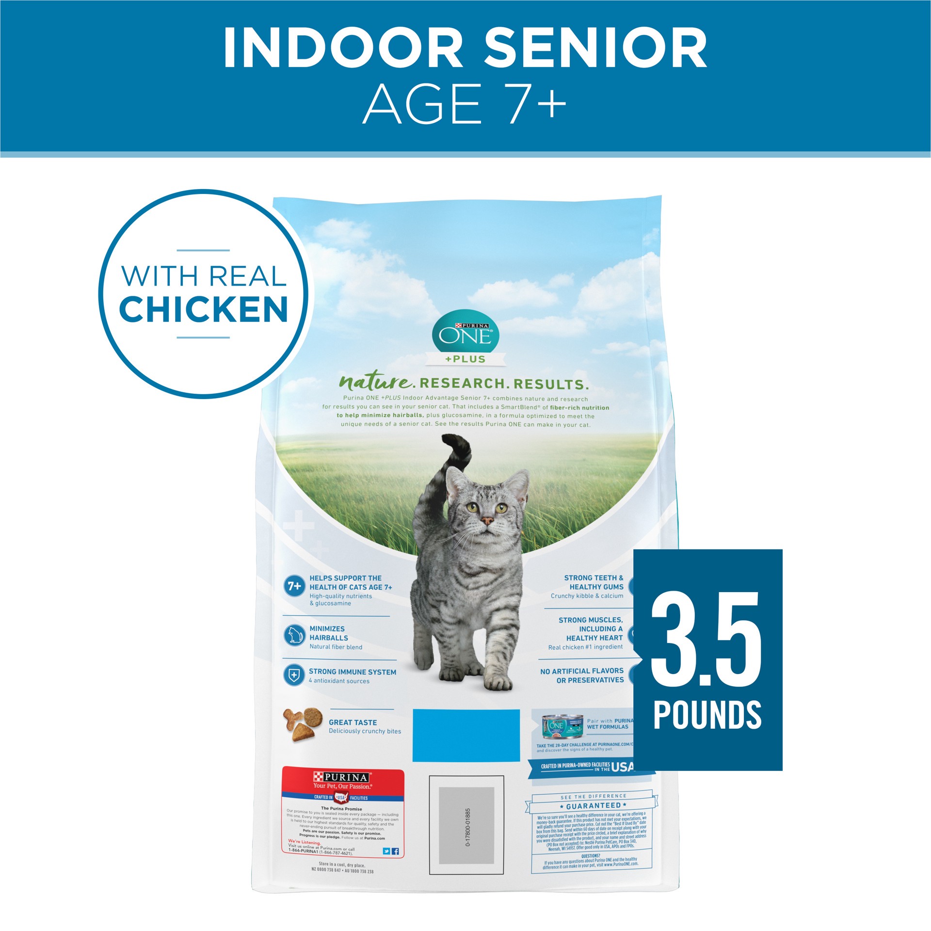 slide 6 of 8, Purina ONE High Protein, Natural Senior Dry Cat Food, Indoor Advantage Senior+ - 3.5 lb. Bag, 56 oz