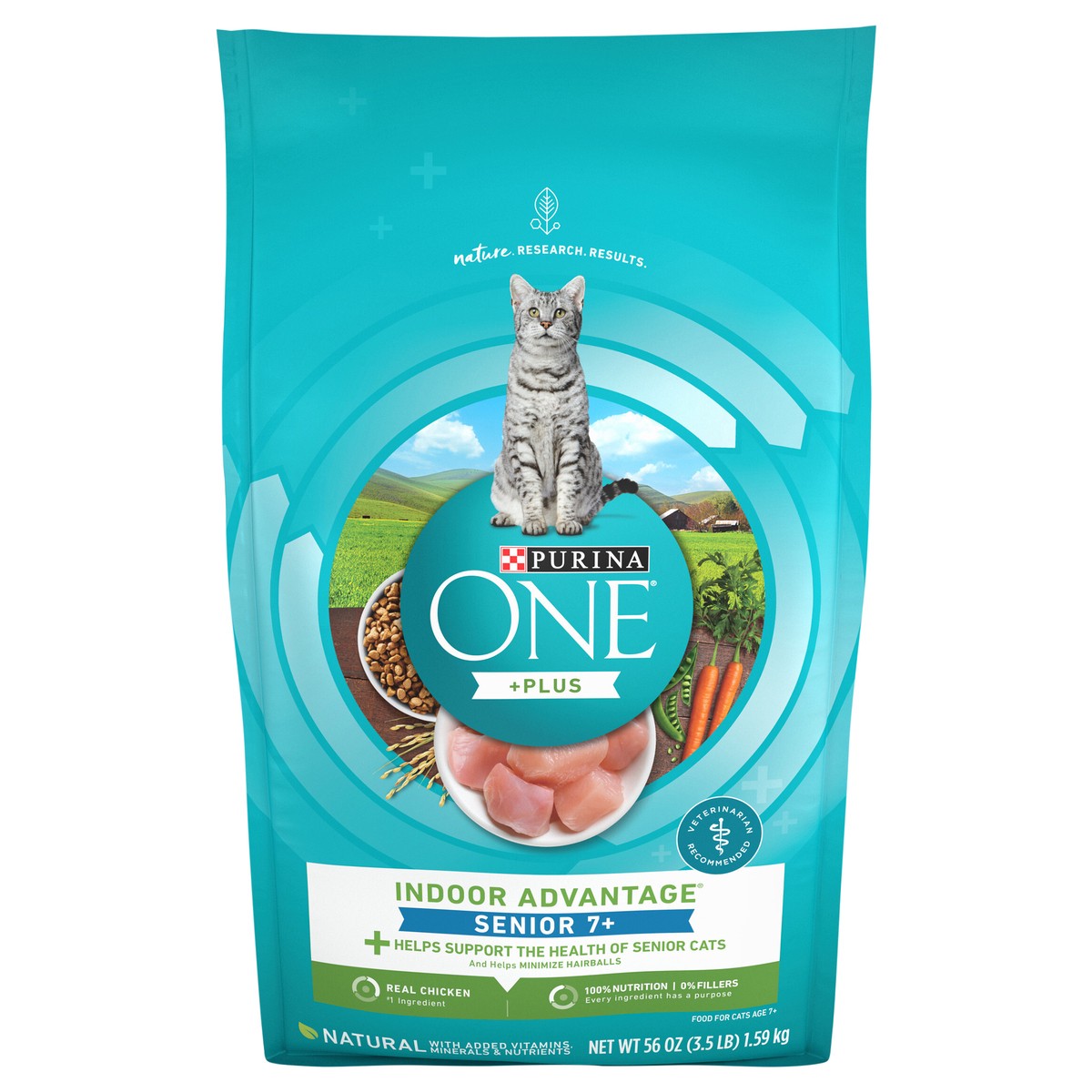 slide 1 of 8, Purina ONE High Protein, Natural Senior Dry Cat Food, Indoor Advantage Senior+ - 3.5 lb. Bag, 56 oz