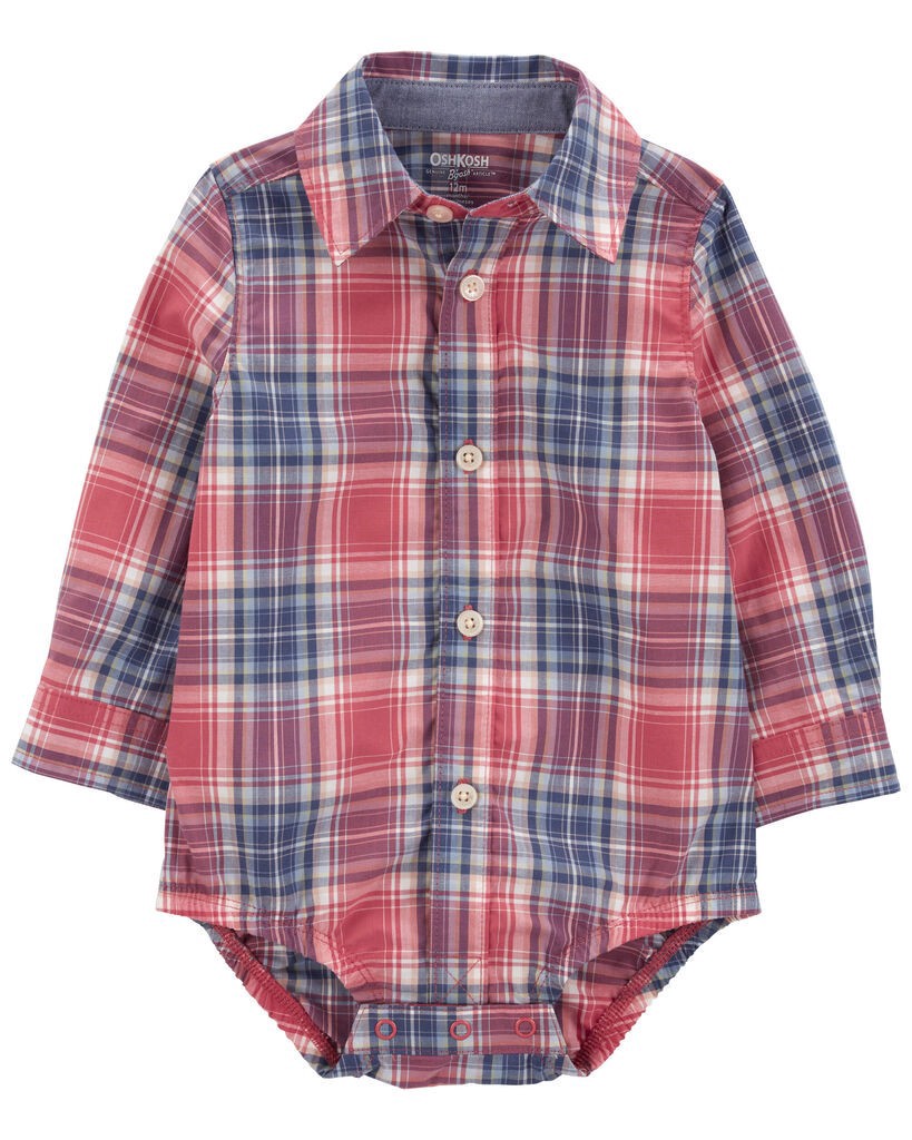 slide 2 of 3, Oshkosh Baby Plaid Button-Front Bodysuit Red 3M, 1 ct