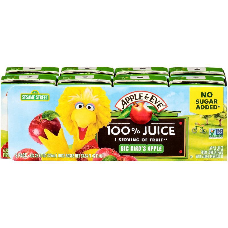 slide 1 of 6, Apple & Eve No Sugar Added Sesame Street Big Bird's Apple Juice 8 - 4.23 fl oz Boxes, 8 ct