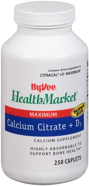 slide 1 of 1, Hy-Vee HealthMarket Maximum Calcium Citrate + D3 Calcium Supplement Caplets, 250 ct