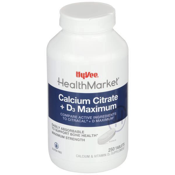 slide 1 of 1, Hy-Vee HealthMarket Maximum Calcium Citrate + D3 Calcium Supplement Caplets, 250 ct