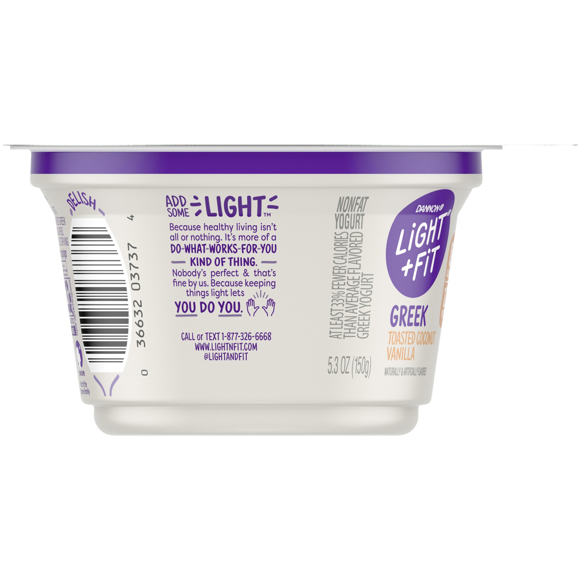 slide 3 of 12, Light + Fit Dannon Light + Fit Toasted Coconut Vanilla Greek Fat Free Yogurt Creamy and Delicious Gluten Free Yogurt, 5.3 OZ Yogurt Cup, 5.3 oz