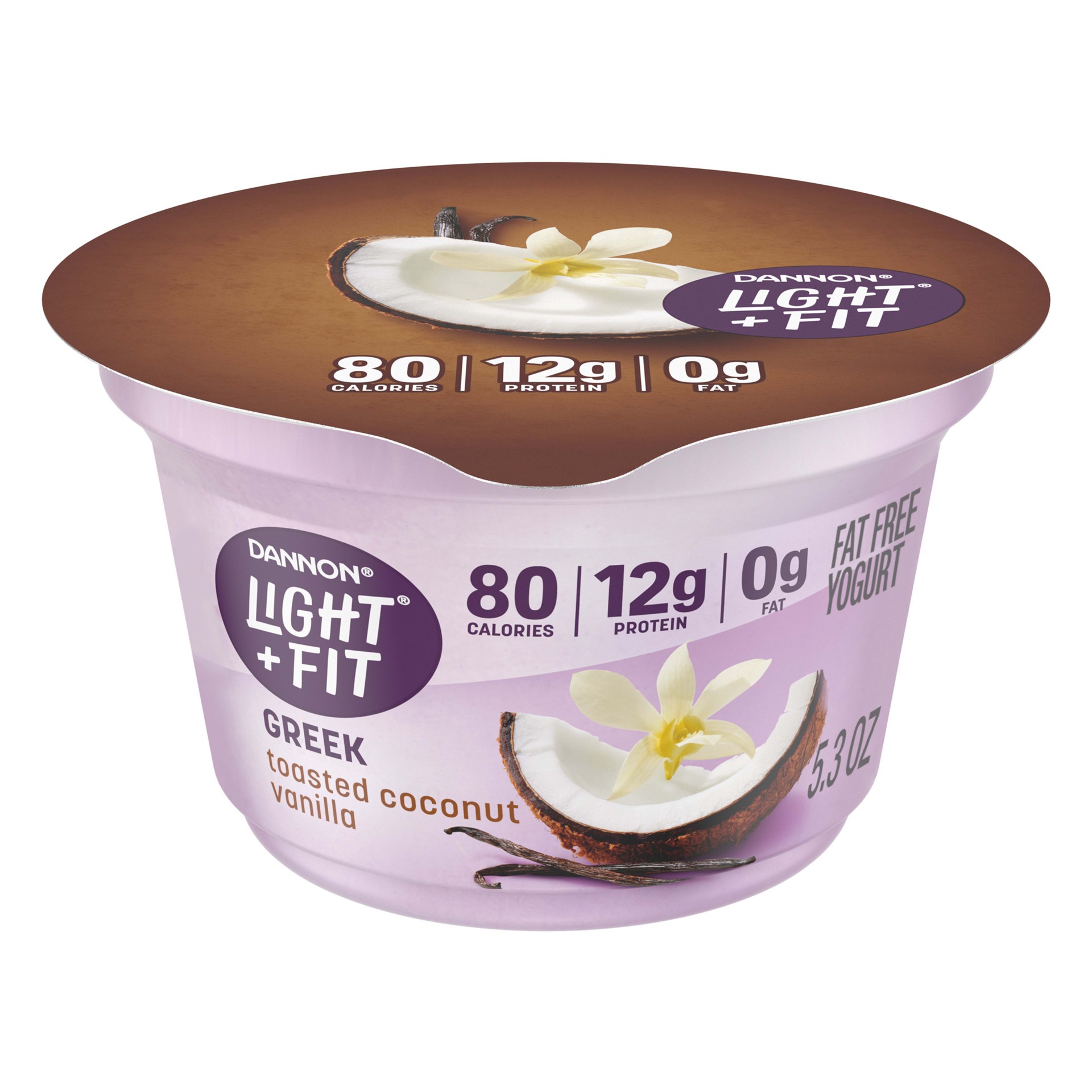 slide 1 of 12, Light + Fit Dannon Light + Fit Toasted Coconut Vanilla Greek Fat Free Yogurt Creamy and Delicious Gluten Free Yogurt, 5.3 OZ Yogurt Cup, 5.3 oz