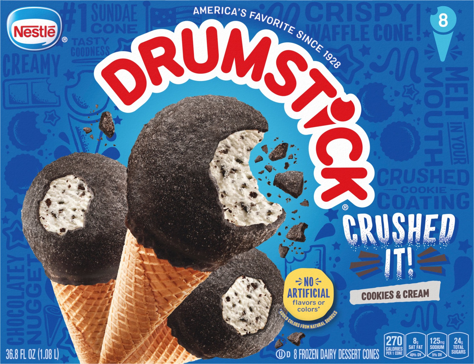 slide 1 of 14, Drumstick Crushed It Cookies and Cream Sundae Cones, 8 Count, 8 ct
