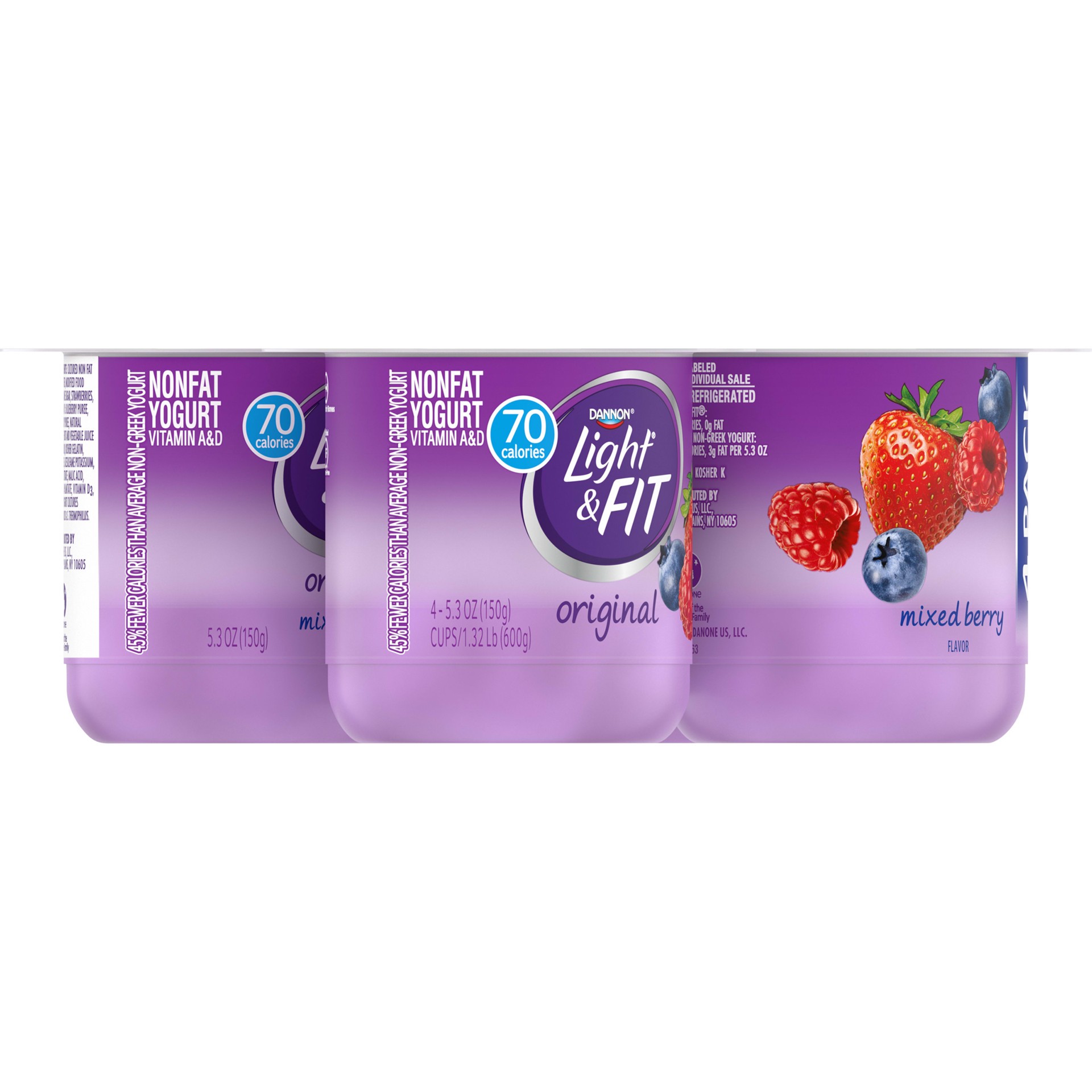 slide 2 of 5, Light + Fit Dannon Light + Fit Mixed Berry Original Nonfat Yogurt Pack, 0 Fat and 70 Calories, Creamy and Delicious Mixed Berry Yogurt, 4 Ct, 5.3 OZ Cups, 5.3 oz