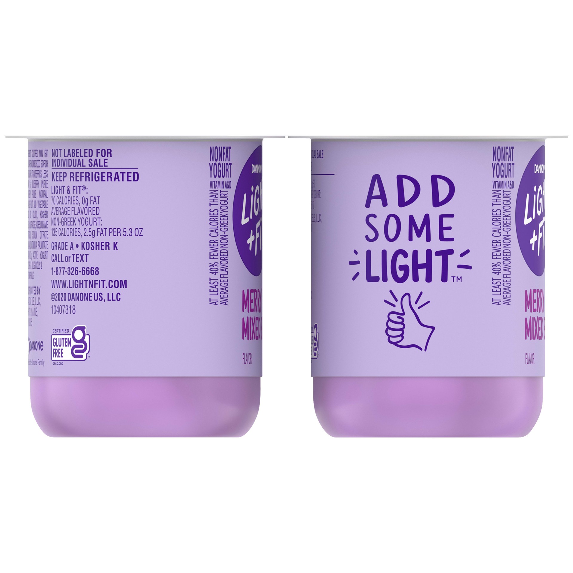 slide 3 of 5, Light + Fit Dannon Light + Fit Mixed Berry Original Nonfat Yogurt Pack, 0 Fat and 70 Calories, Creamy and Delicious Mixed Berry Yogurt, 4 Ct, 5.3 OZ Cups, 5.3 oz