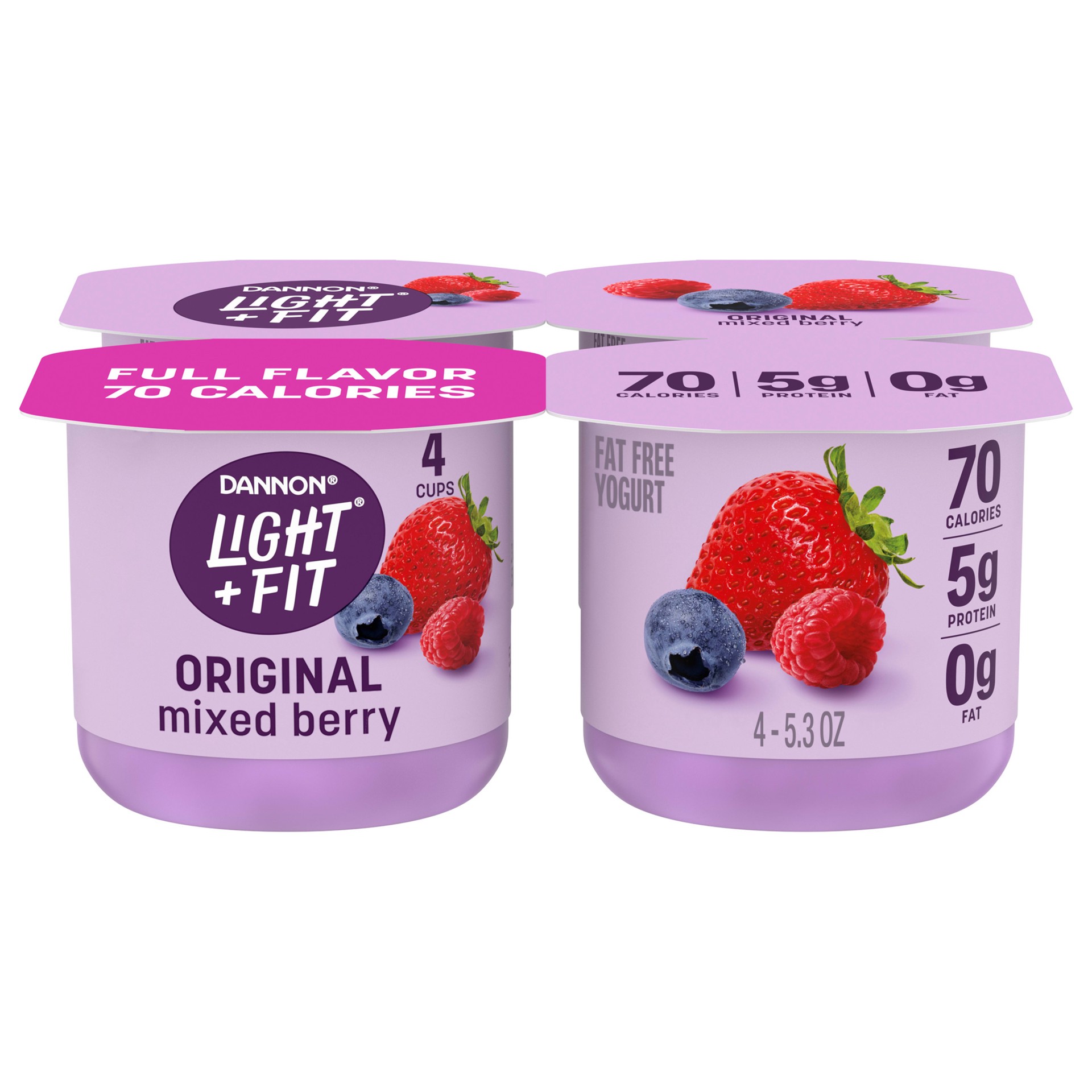 slide 1 of 5, Light + Fit Dannon Light + Fit Mixed Berry Original Nonfat Yogurt Pack, 0 Fat and 70 Calories, Creamy and Delicious Mixed Berry Yogurt, 4 Ct, 5.3 OZ Cups, 5.3 oz