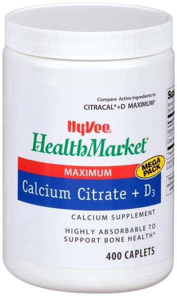 slide 1 of 1, Hy-Vee HealthMarket Maximum Calcium Citrate + D3 Dietary Supplement Caplets, 400 ct
