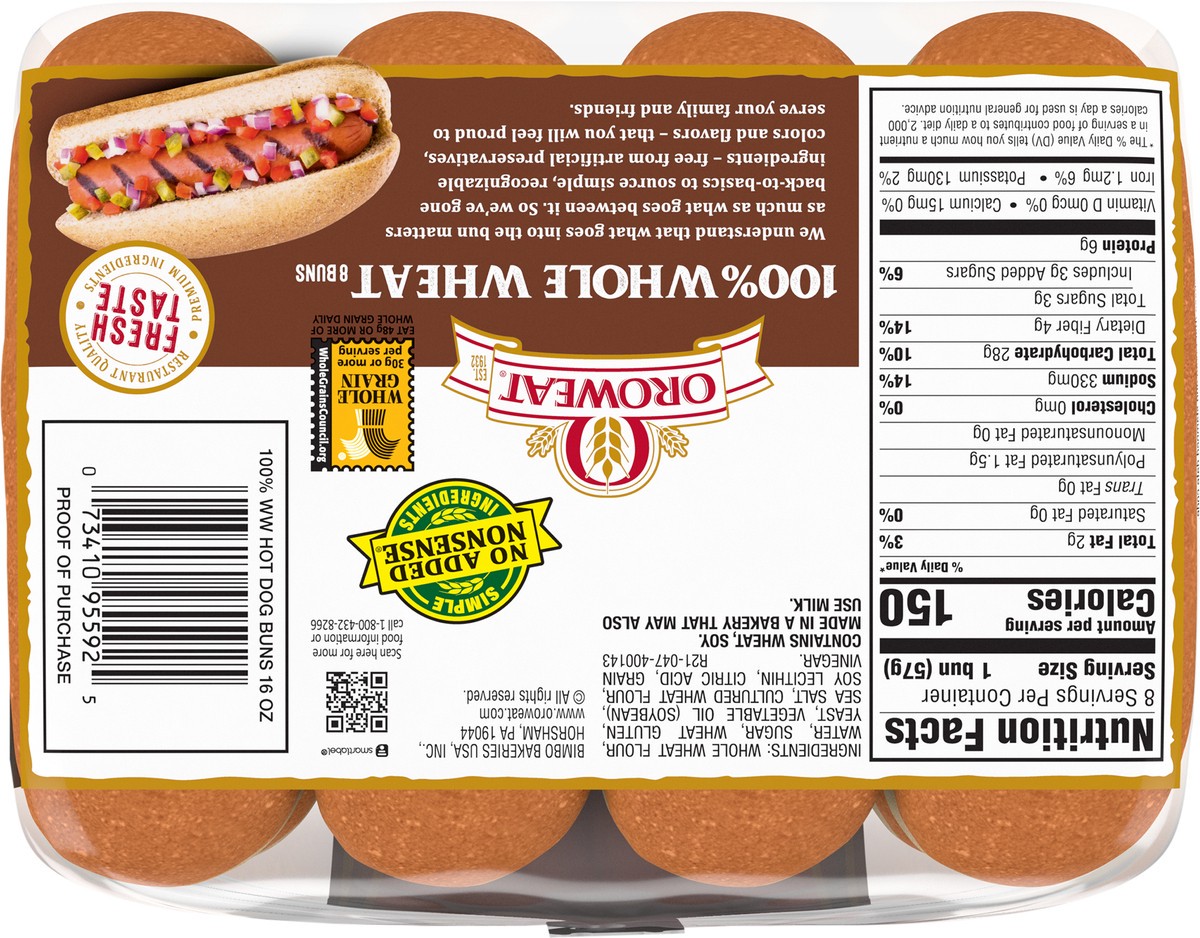 slide 3 of 7, Oroweat Whole Wheat Hot Dog Buns, 8 count, Hot Dog Buns, 16 oz Bag, 8 ct