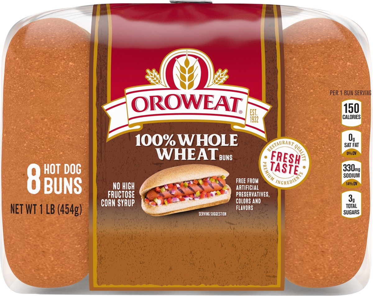 slide 6 of 7, Oroweat Whole Wheat Hot Dog Buns, 8 count, Hot Dog Buns, 16 oz Bag, 8 ct