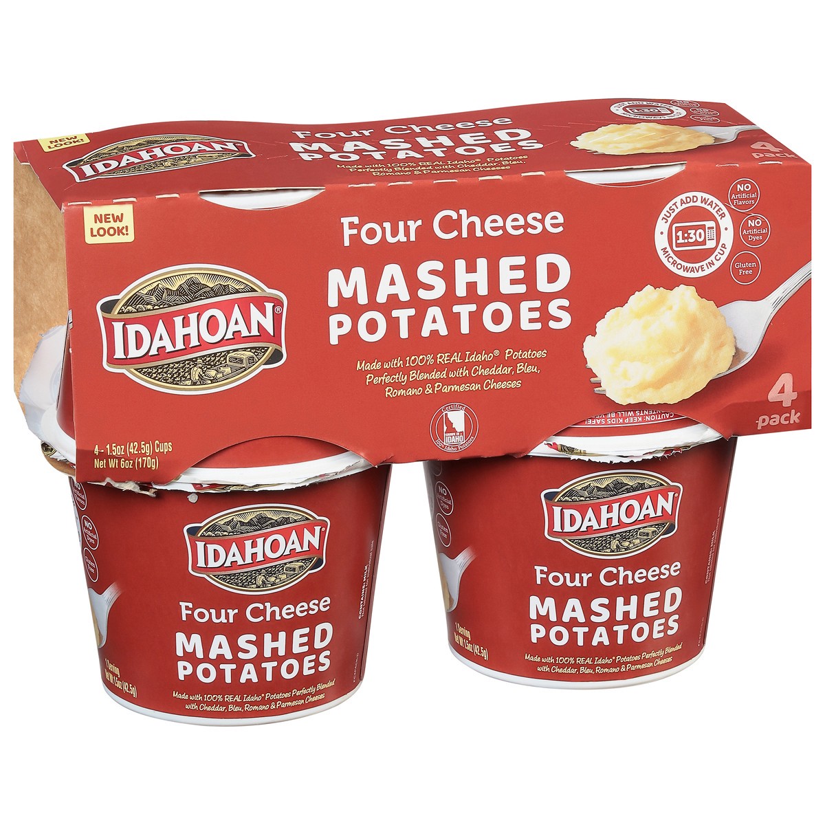 slide 4 of 9, Idahoan Four Cheese Mashed Potatoes Cups, 4 ct