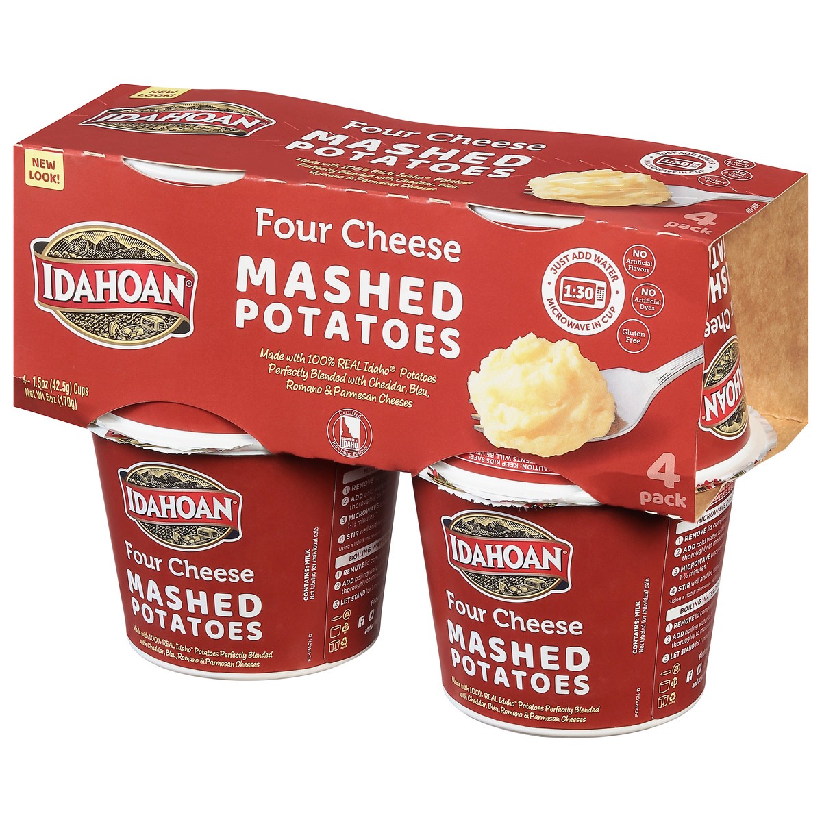 slide 8 of 9, Idahoan Four Cheese Mashed Potatoes Cups, 4 ct