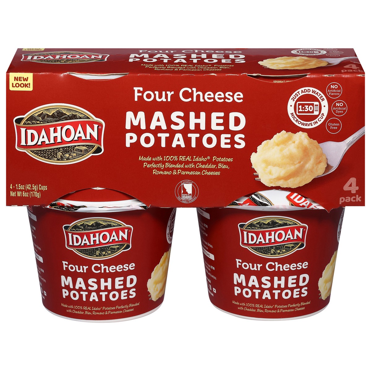 slide 1 of 9, Idahoan Four Cheese Mashed Potatoes 4 Pack 4 - 1.5 oz Cups, 4 ct; 6 oz