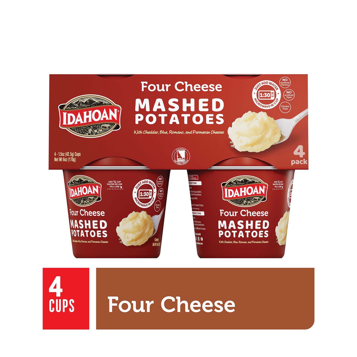 slide 1 of 9, Idahoan Four Cheese Mashed Potatoes Cup 4-pack, 4 ct