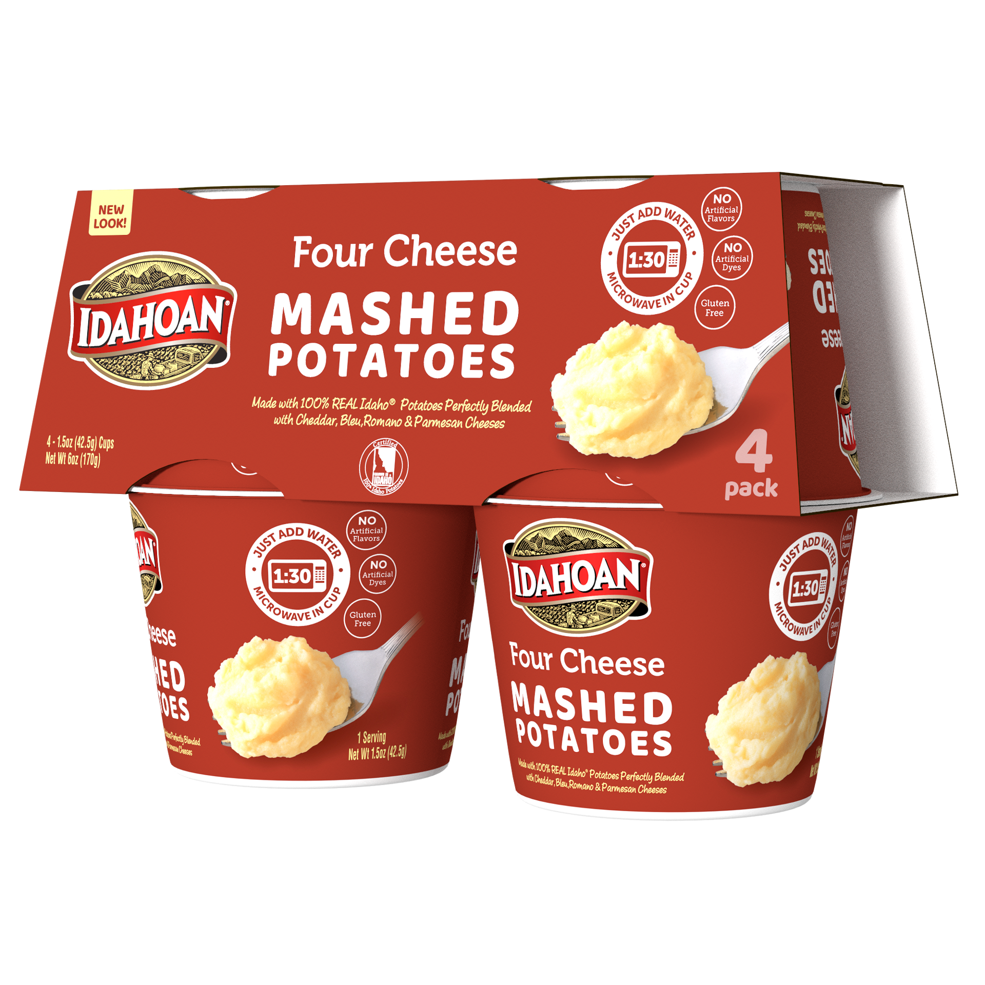 slide 1 of 9, Idahoan Four Cheese Mashed Potatoes Cups, 4 ct