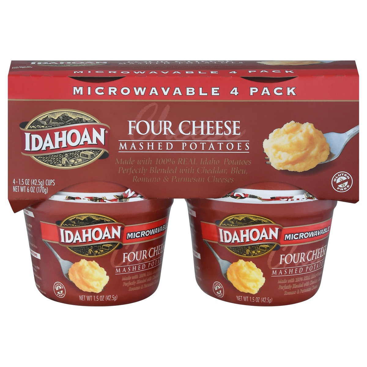 slide 1 of 1, Idahoan Four Cheese Mashed Potatoes Cups, 4 ct