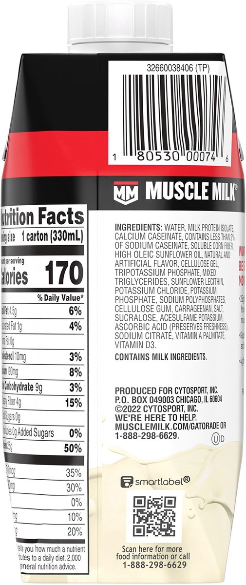 slide 5 of 9, Muscle Milk Genuine Zero Sugar Non-Dairy Protein Shake Cookies 'N Crème Artificially Flavored 11 Fl Oz Carton, 1 ct