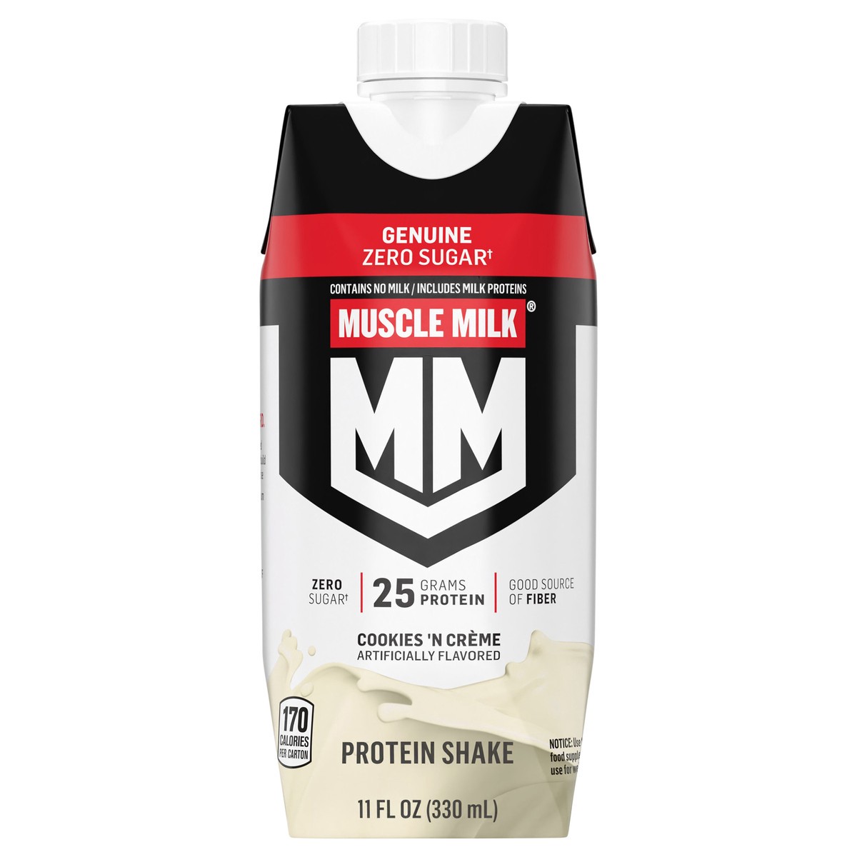 slide 1 of 9, Muscle Milk Genuine Zero Sugar Non-Dairy Protein Shake Cookies 'N Crème Artificially Flavored 11 Fl Oz Carton, 1 ct