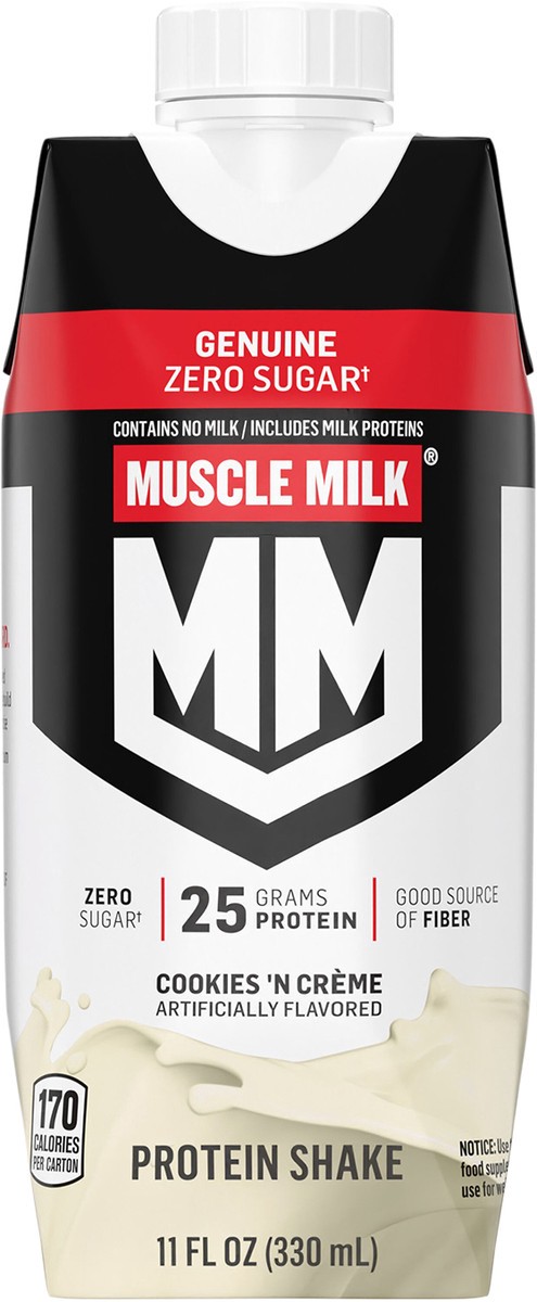 slide 4 of 9, Muscle Milk Genuine Zero Sugar Non-Dairy Protein Shake Cookies 'N Crème Artificially Flavored 11 Fl Oz Carton, 1 ct