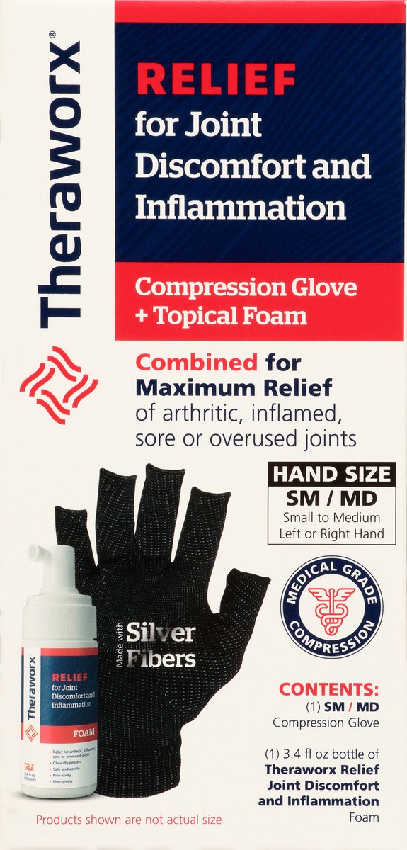 slide 4 of 13, Theraworx Compression Glove + Topical Foam Kit 2 pc, 3.1 oz