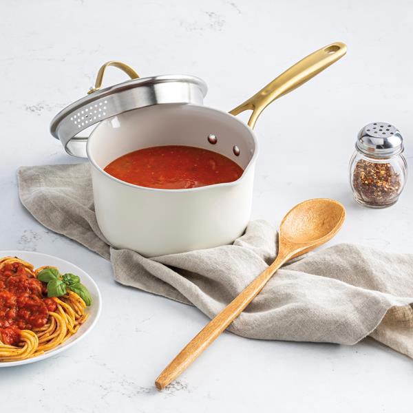 slide 1 of 1, Hy-Vee Seasons 2.5 Qt. Nonstick Saucepan With Strainer Lid In Linen, 1 ct