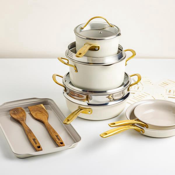 slide 1 of 1, Hy-Vee Seasons 16 Piece Nonstick Cookware Set In Linen, 1 ct