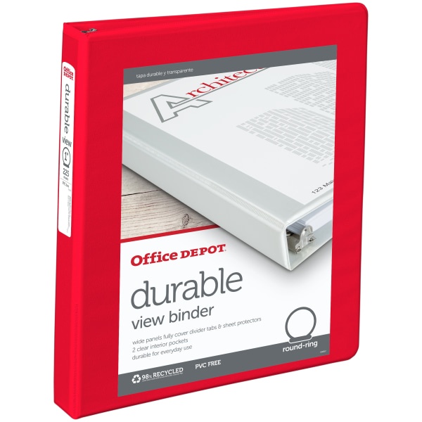 slide 1 of 5, Office Depot Brand Durable View Round-Ring Binder, 1'' Rings, Red, 1 in