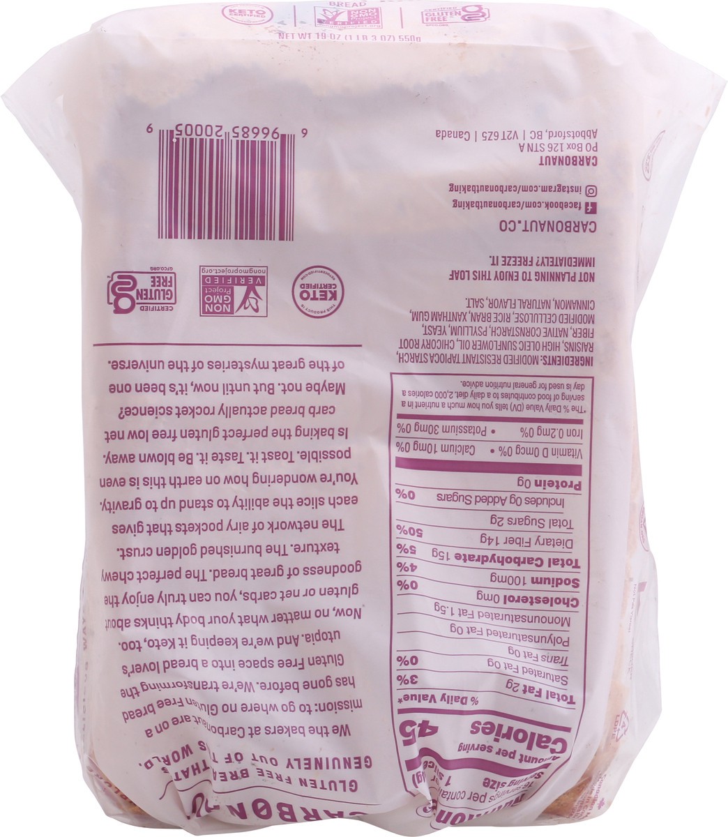 slide 9 of 9, Carbonaut Bread, Gluten Free, Cinnamon Raisin, 19 oz