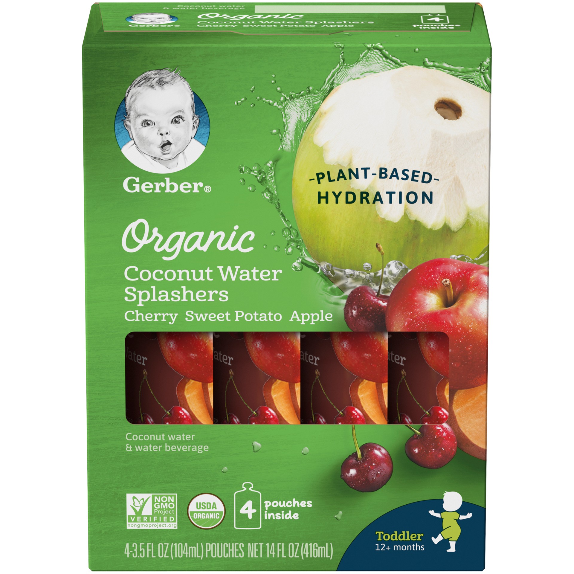 slide 1 of 2, Gerber Organic Coconut Water Splashers, Cherry Sweet Potato Apple, 3.5 oz Pouch (Pack of 4), 15.52 oz