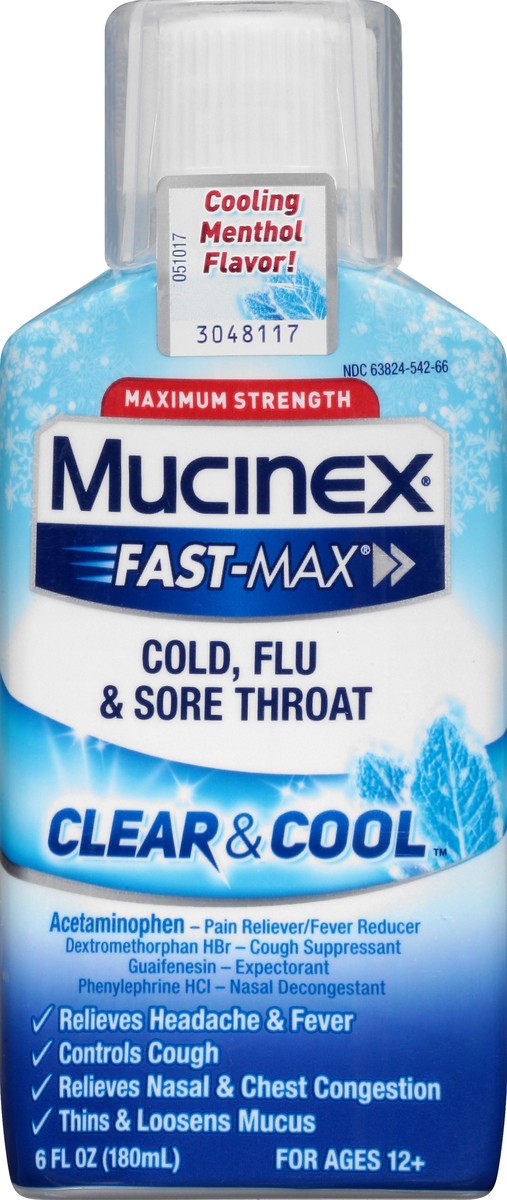 slide 6 of 9, Mucinex Fast-Max Clear & Cool Cold, Flu, & Sore Throat Liquid, 6oz, 6 oz