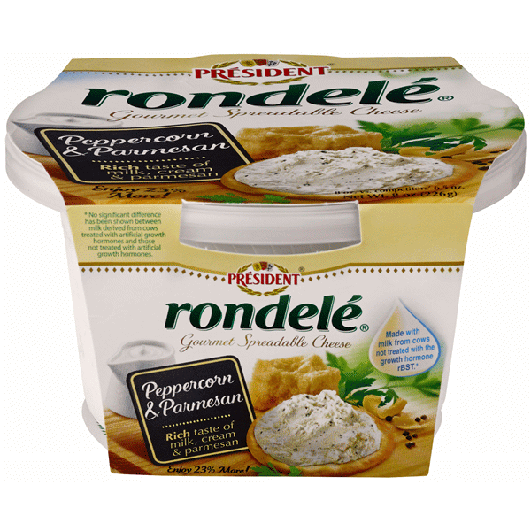 slide 1 of 6, President Rondele Peppercorn & Parmesan Gourmet Spreadable Cheese, 8 oz