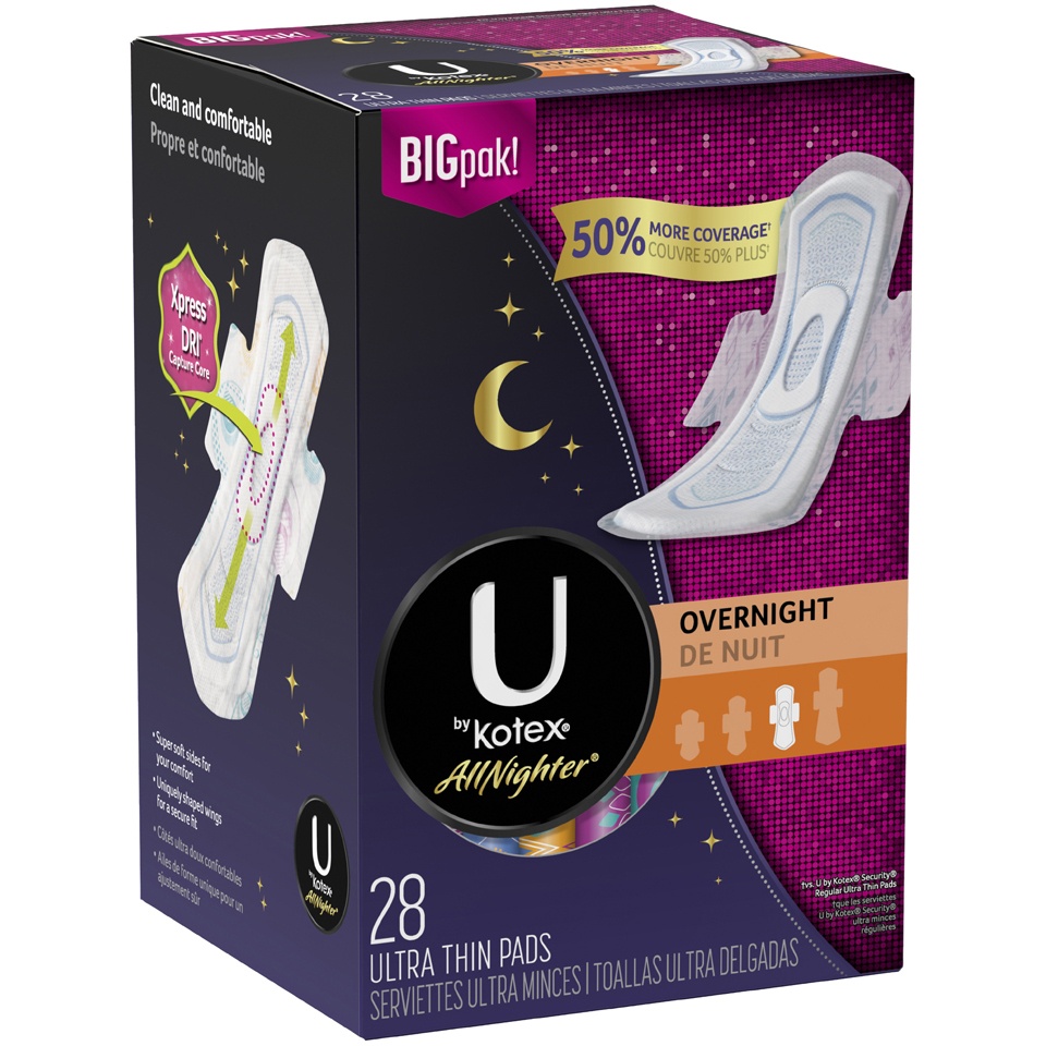 slide 2 of 3, U by Kotex Allnighter Ultra Thin Pad with Wings, Overnight Absorbency, 26 ct
