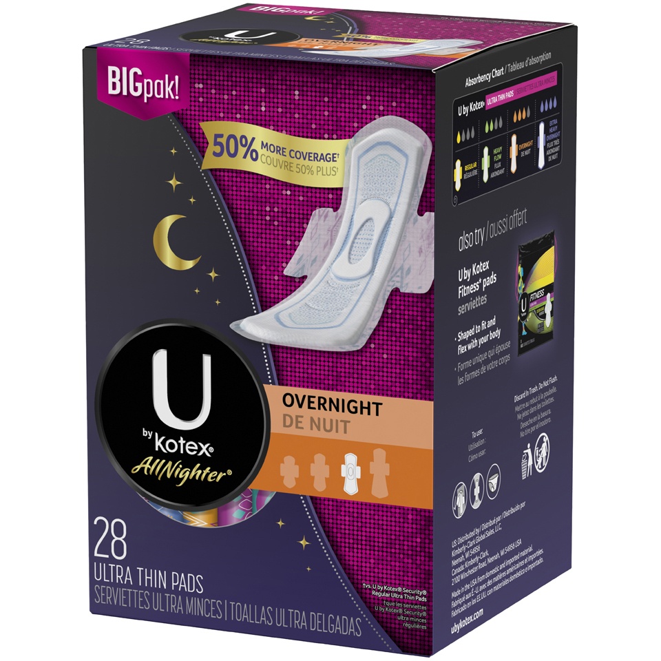 slide 3 of 3, U by Kotex Allnighter Ultra Thin Pad with Wings, Overnight Absorbency, 26 ct