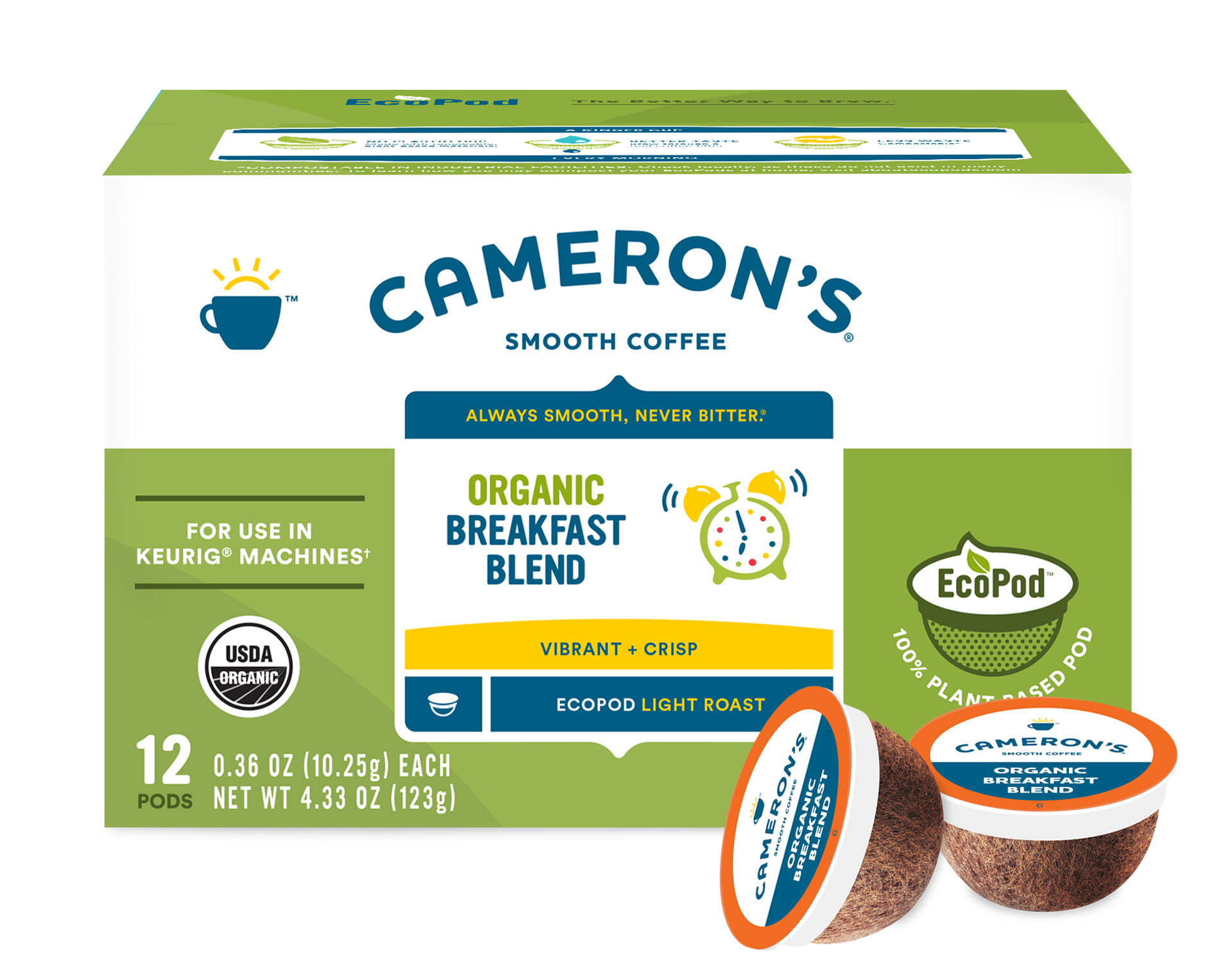 slide 1 of 13, Cameron's Coffee Single Serve Pods, Organic Breakfast Blend, 12 Count, 4.33 oz