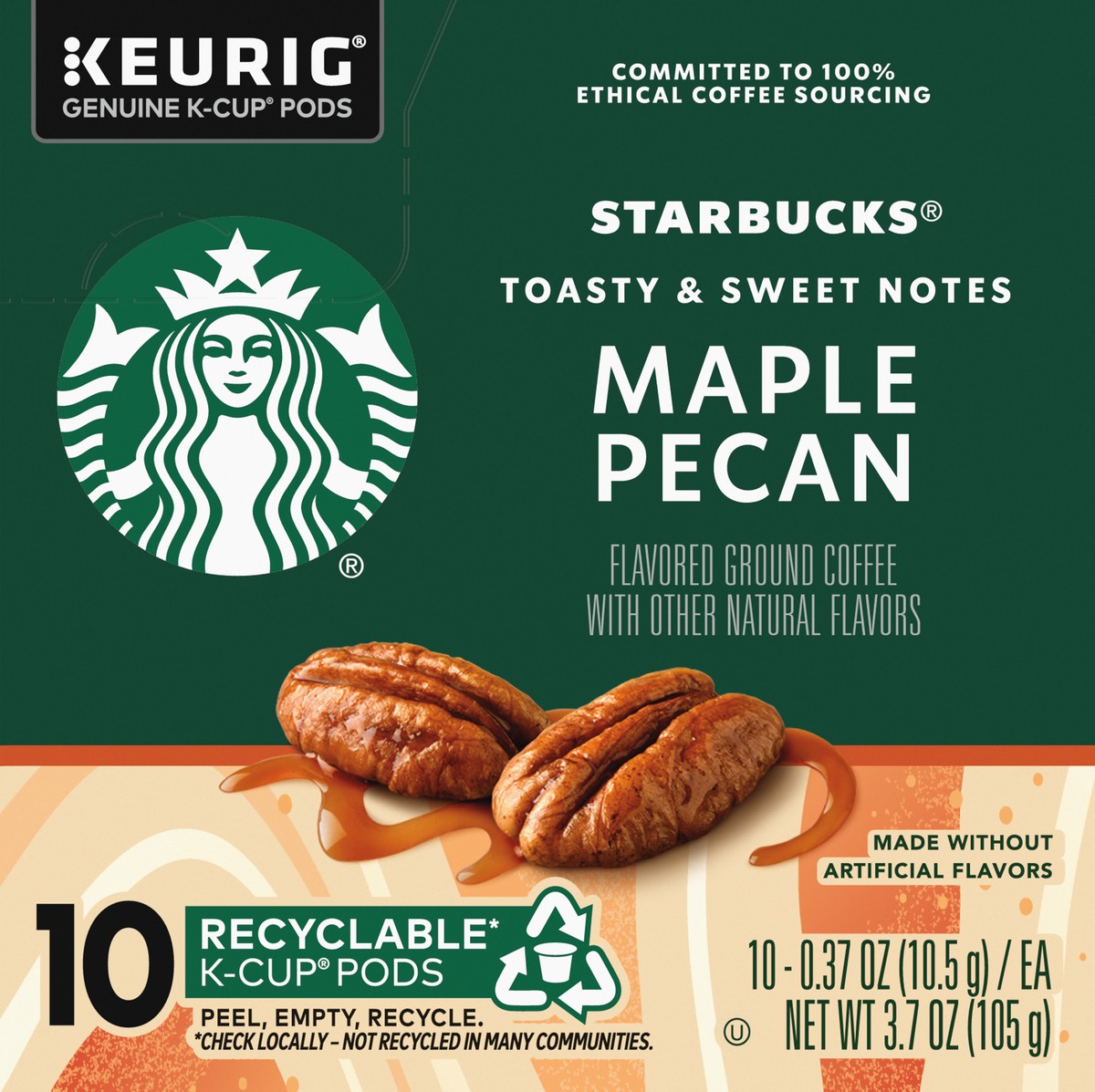 slide 2 of 8, Starbucks Coffee K-Cup Pods, Maple Pecan Flavored Coffee, Naturally Flavored, 100% Arabica, 1 box (10 pods), 3.7 oz