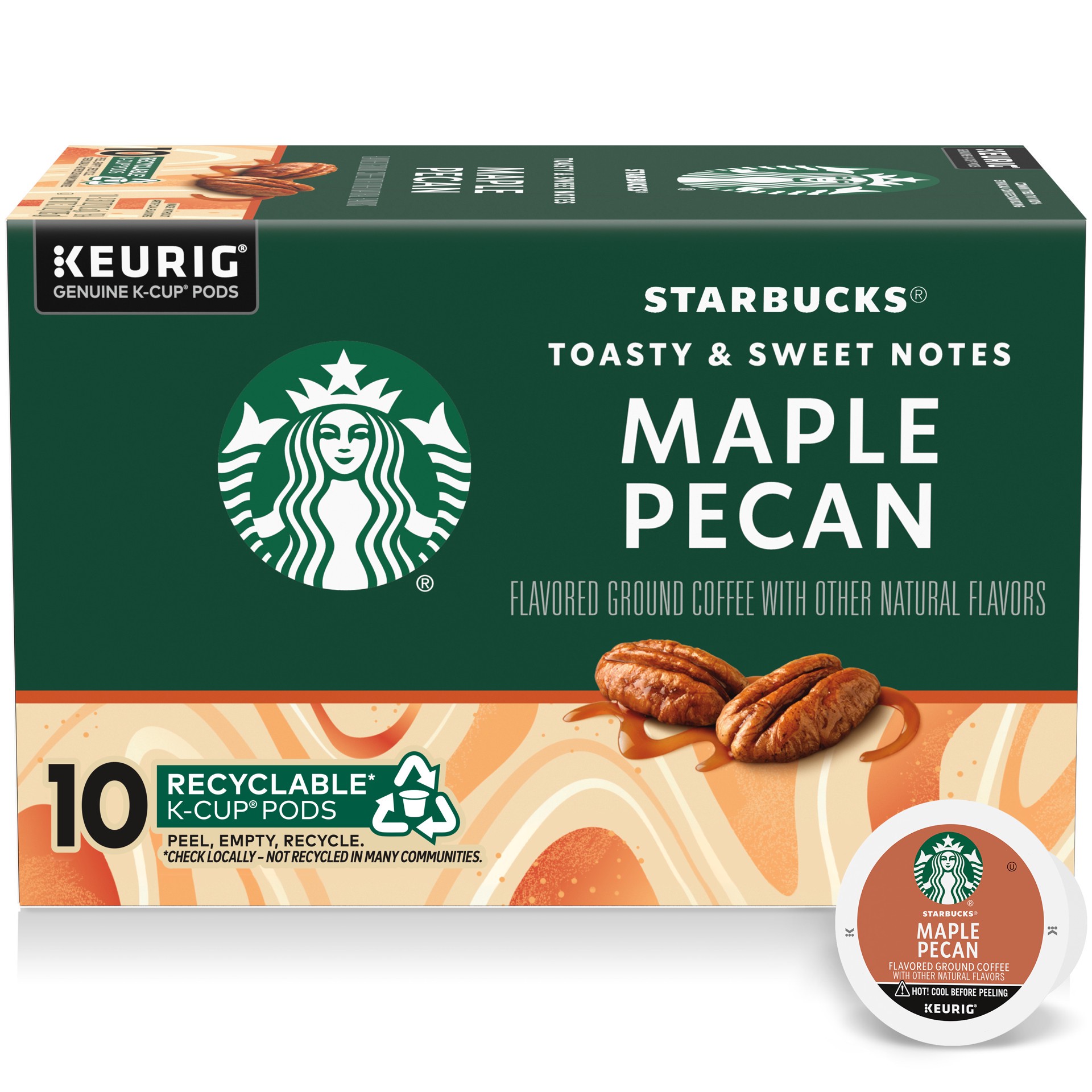 slide 1 of 8, Starbucks Coffee K-Cup Pods, Maple Pecan Flavored Coffee, Naturally Flavored, 100% Arabica, 1 box (10 pods), 3.7 oz