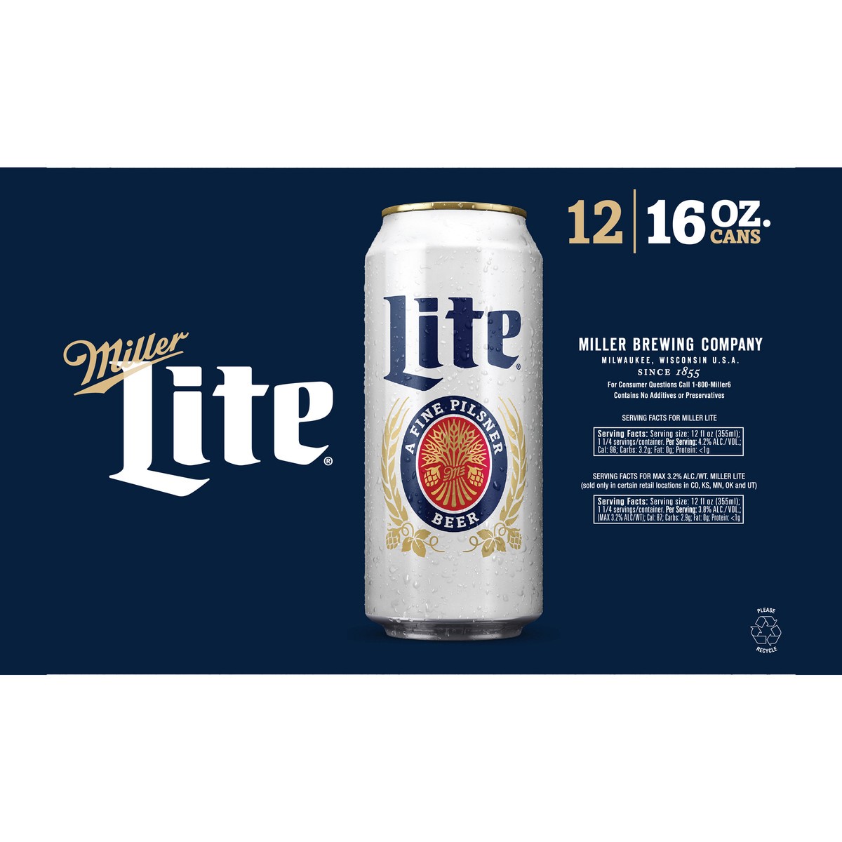 slide 2 of 7, Miller Lite American Light Lager Beer, 4.2% ABV, 12-pack, 16-oz beer cans, 384 oz