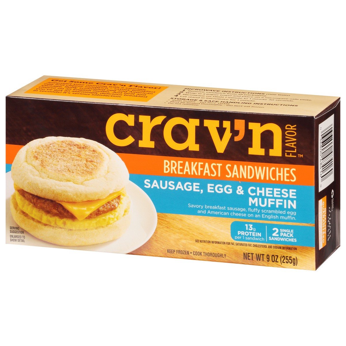 slide 13 of 19, Crav'n Flavor Sausage, Egg & Cheese Muffin Breakfast Sandwiches Single Pack 2 ea, 2 ct