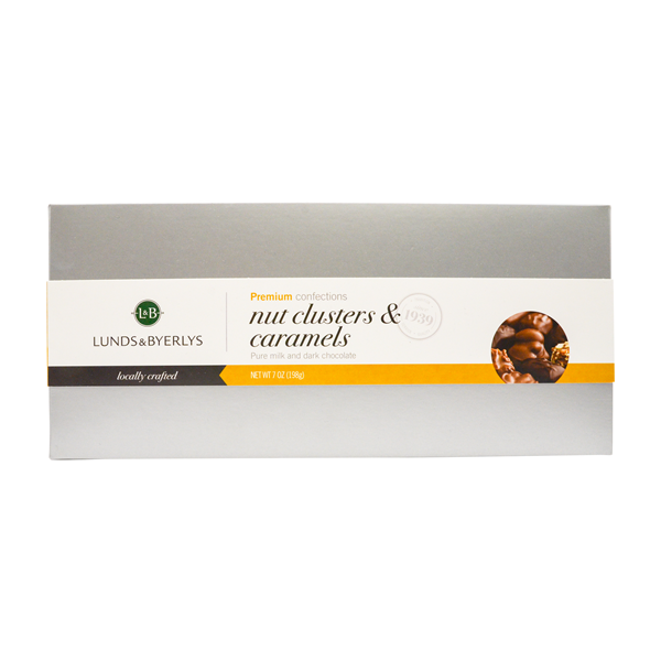 slide 1 of 1, L&B  Nut Clusters & Caramels Milk And Dark Chocolate, 7 oz