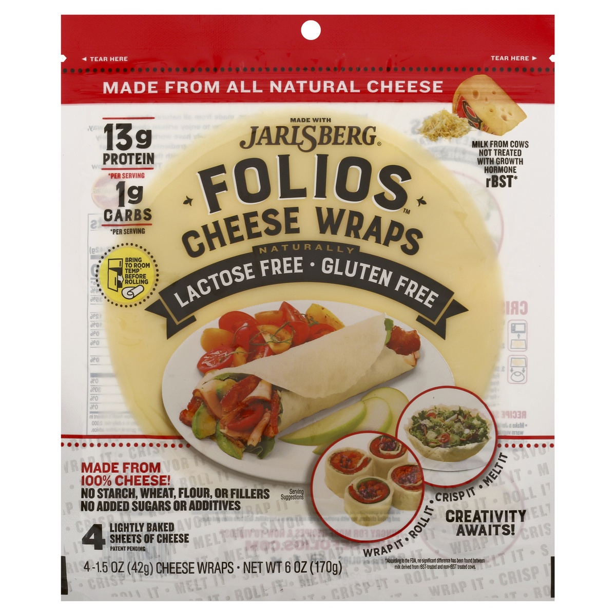 slide 1 of 6, Jarlsberg Folios Naturally Lactose Free Gluten Free Cheese Wraps 4 ea, 4 ct