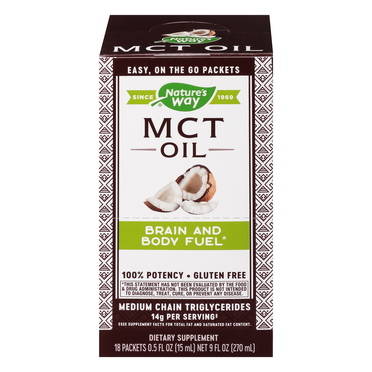 slide 1 of 1, Nature's Way Mct Oil Dietary Supplement Liquid 18-0.5 Fl Oz Single Serve Packets, 18 ct